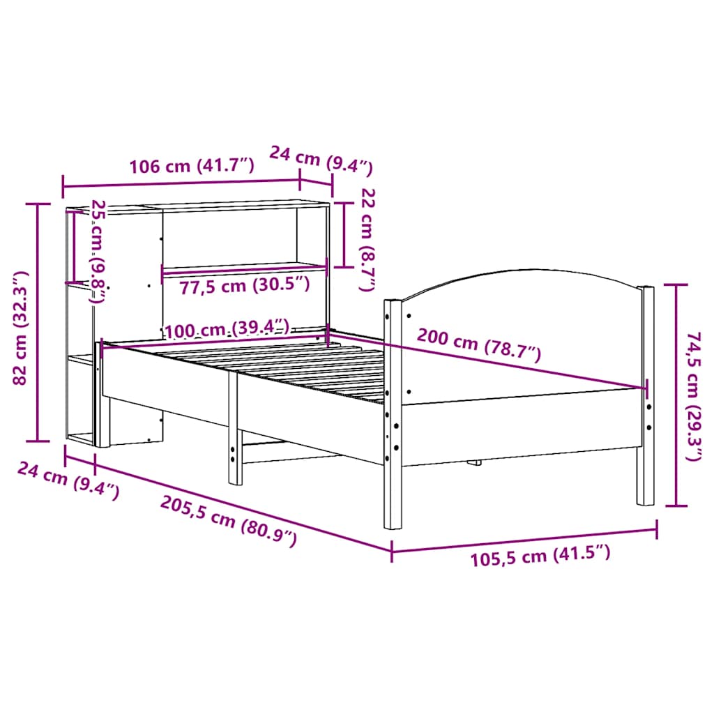 vidaXL Massivholzbett mit Regal ohne Matratze Wachsbraun 100x200 cm