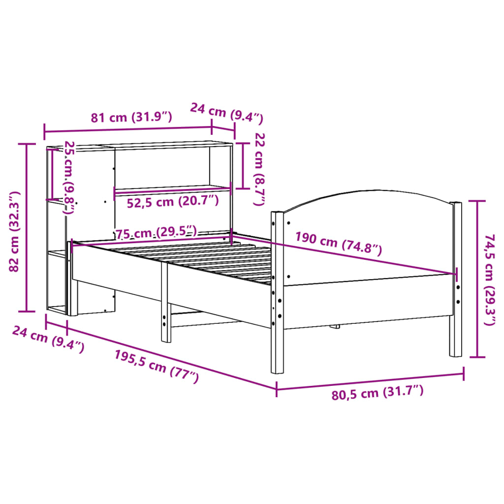 vidaXL Bücherregalbett ohne Matratze 75x190 cm Massivholz Kiefer