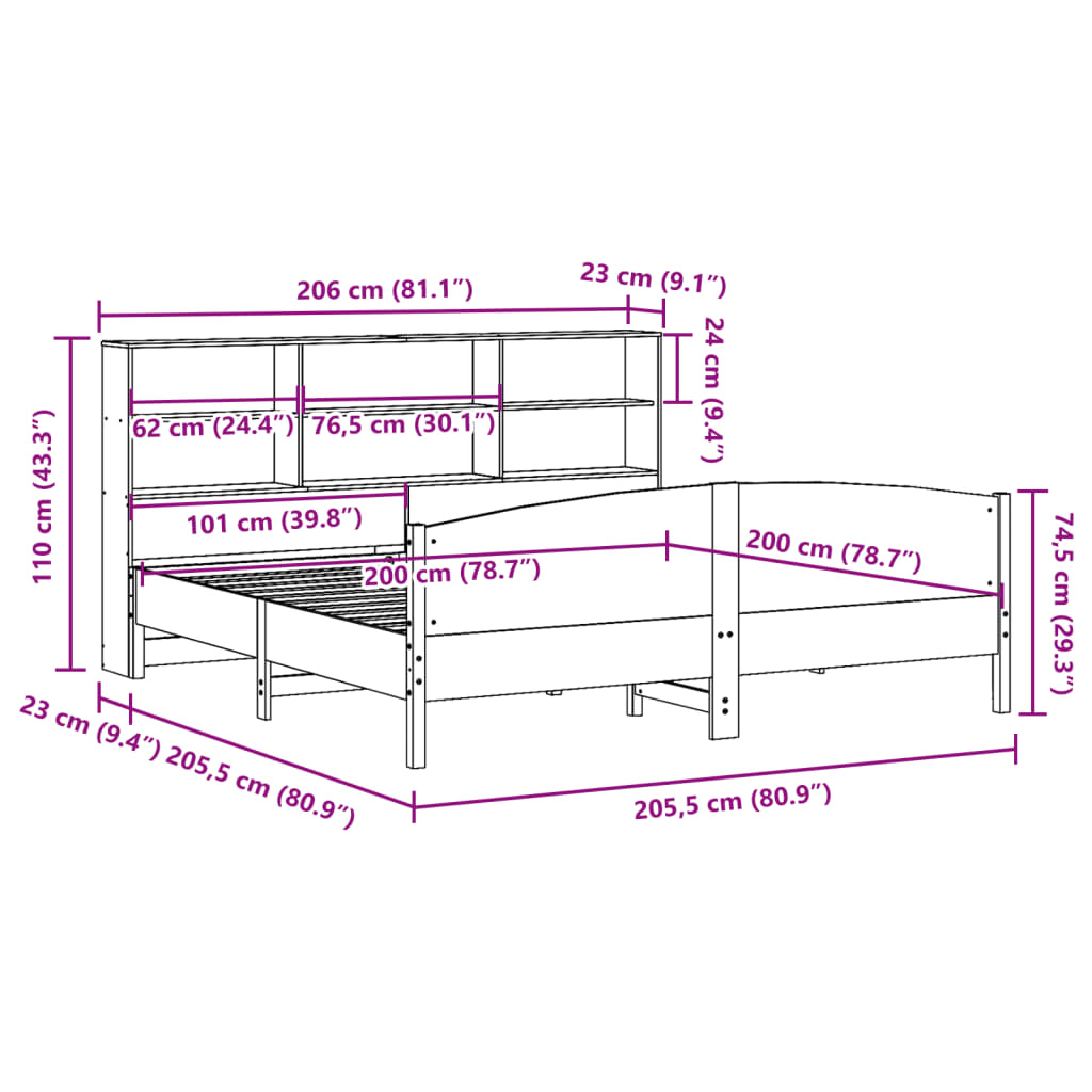 vidaXL Lit en bois massif avec étagère sans matelas Marron ciré 200x200 cm