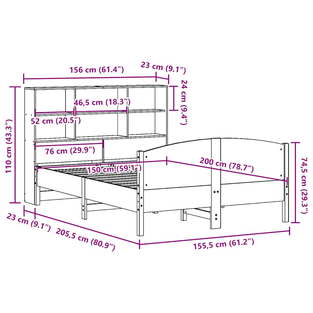 vidaXL Massivholzbett mit Regal ohne Matratze 150x200 cm Kiefer