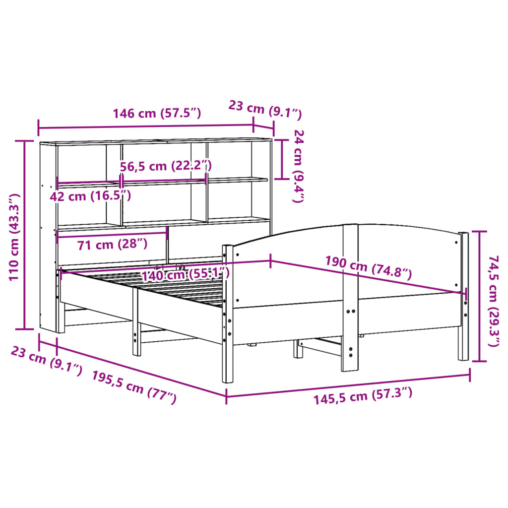 vidaXL Massivholzbett mit Regal ohne Matratze 140x190 cm Kiefer