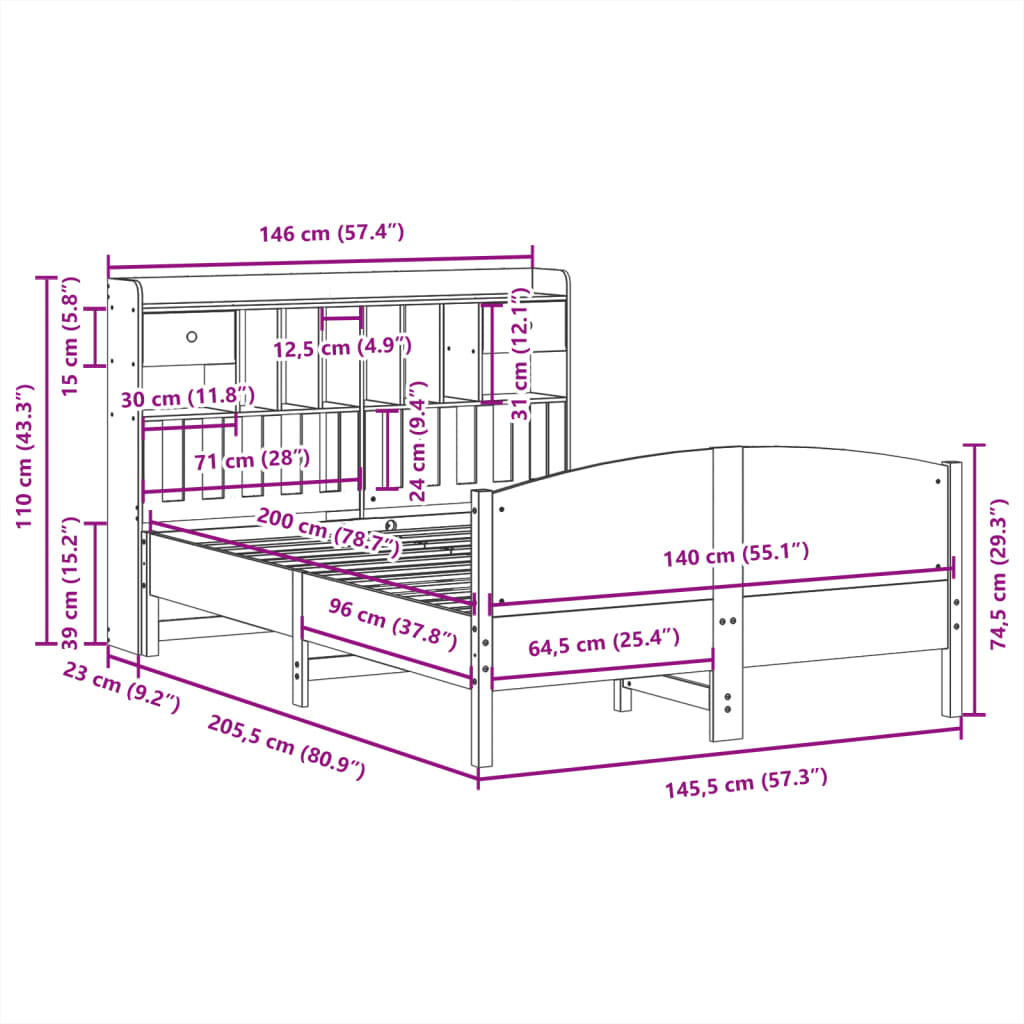 vidaXL Massivholzbett mit Regal ohne Matratze Wachsbraun 140x200 cm