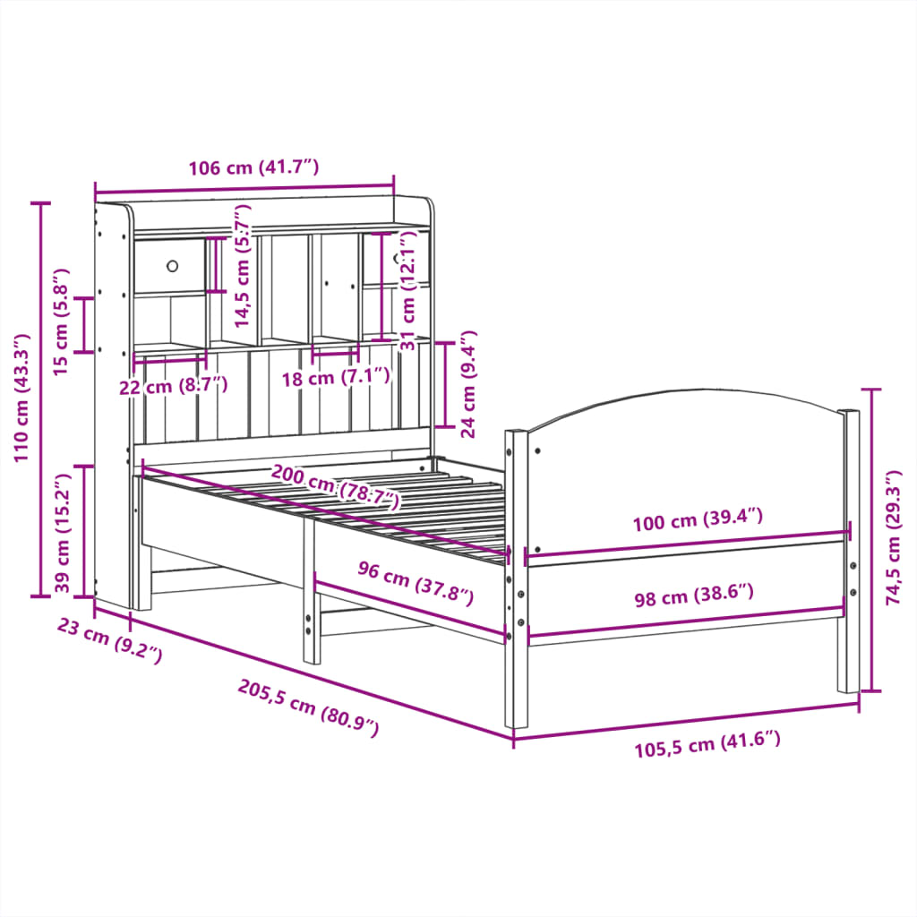 vidaXL Lit en bois massif avec étagère sans matelas 100x200 cm pin
