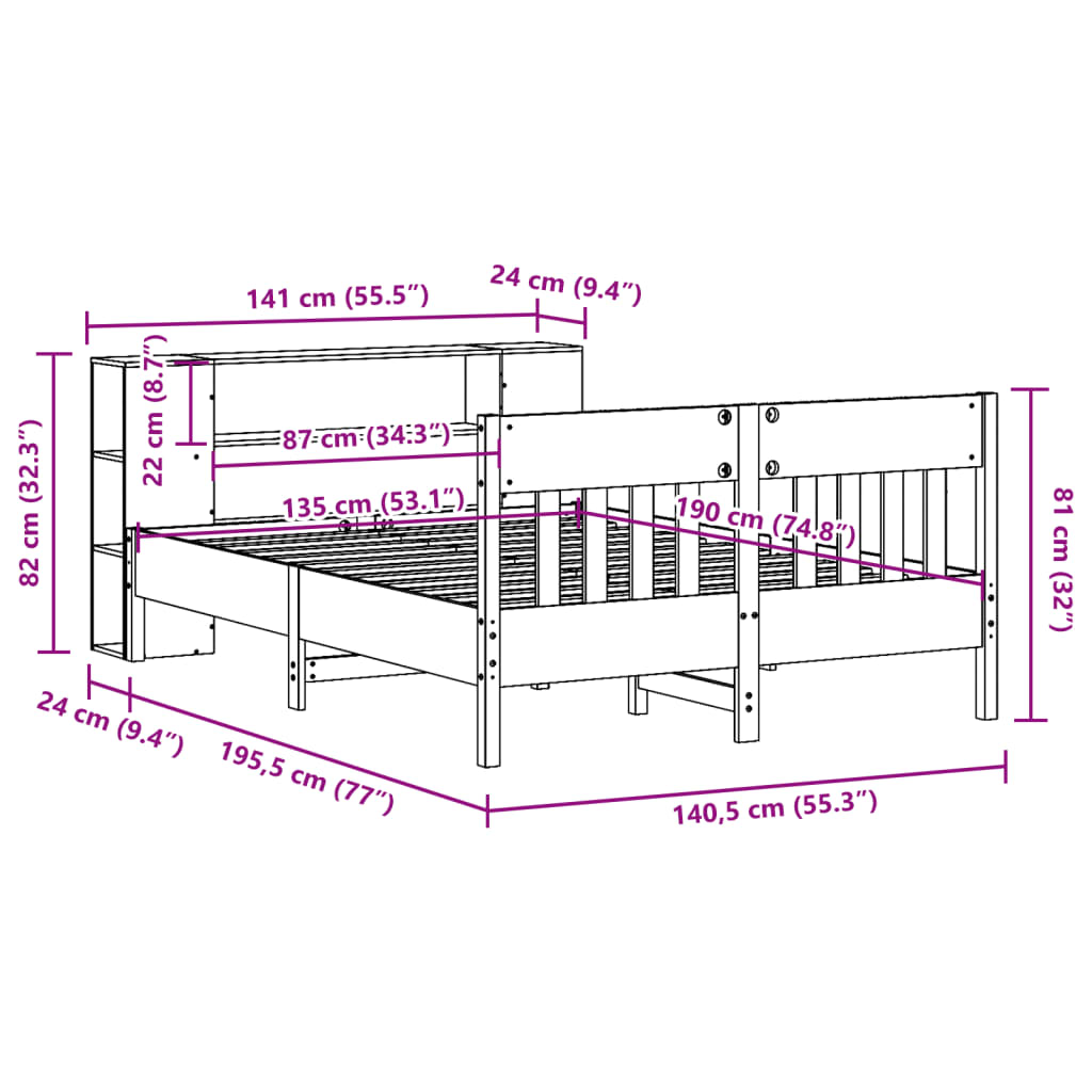 vidaXL Massivholzbett mit Regal ohne Matratze Wachsbraun 135x190 cm