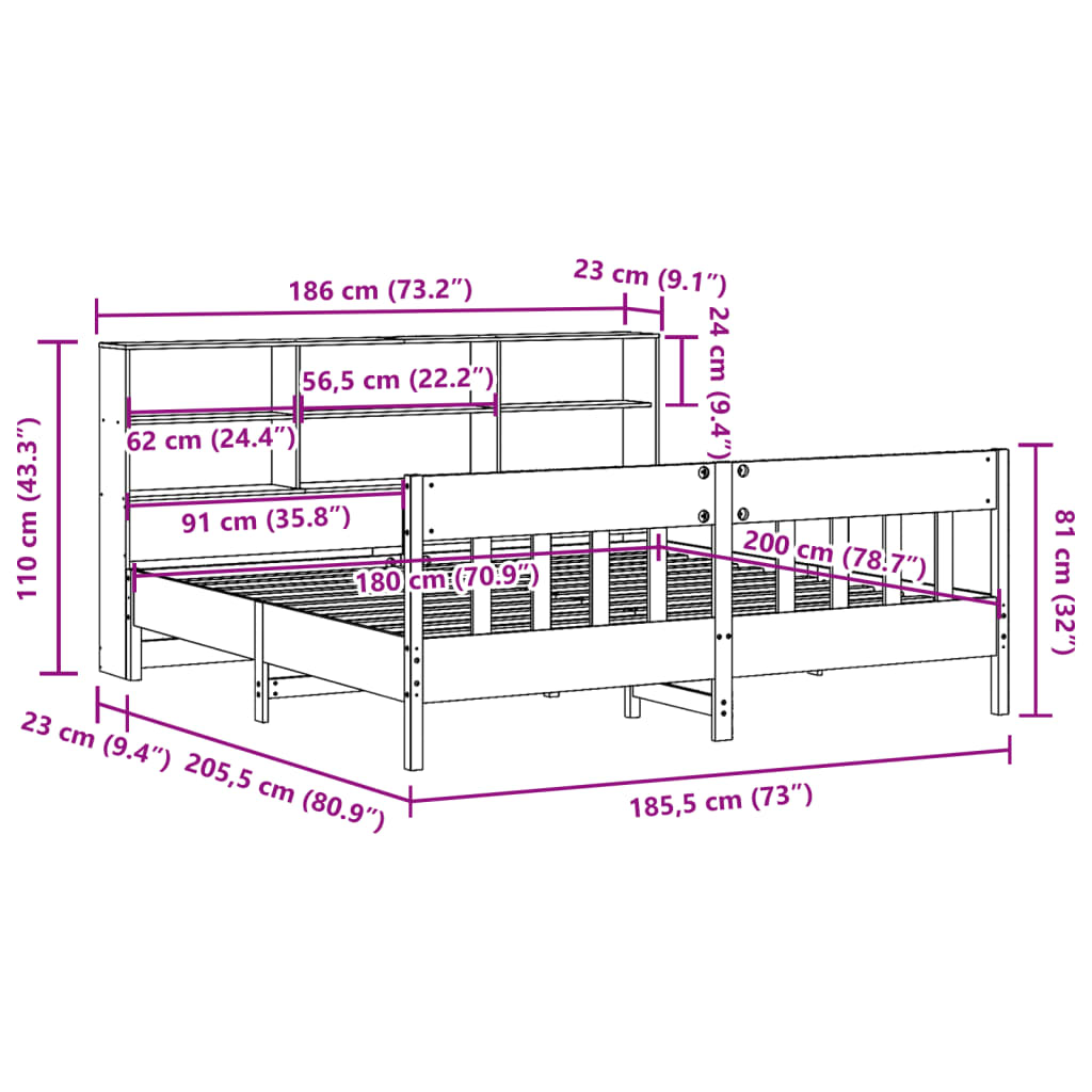 vidaXL Lit en bois massif sans matelas marron ciré 180x200 bois de pin