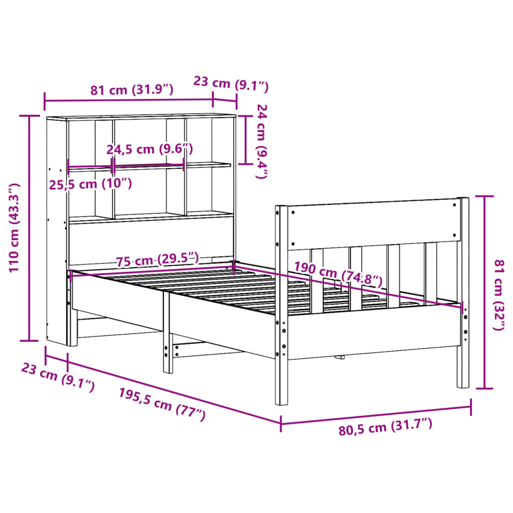 vidaXL Massivholzbett ohne Matratze Wachsbraun 75x190 cm Kiefernholz