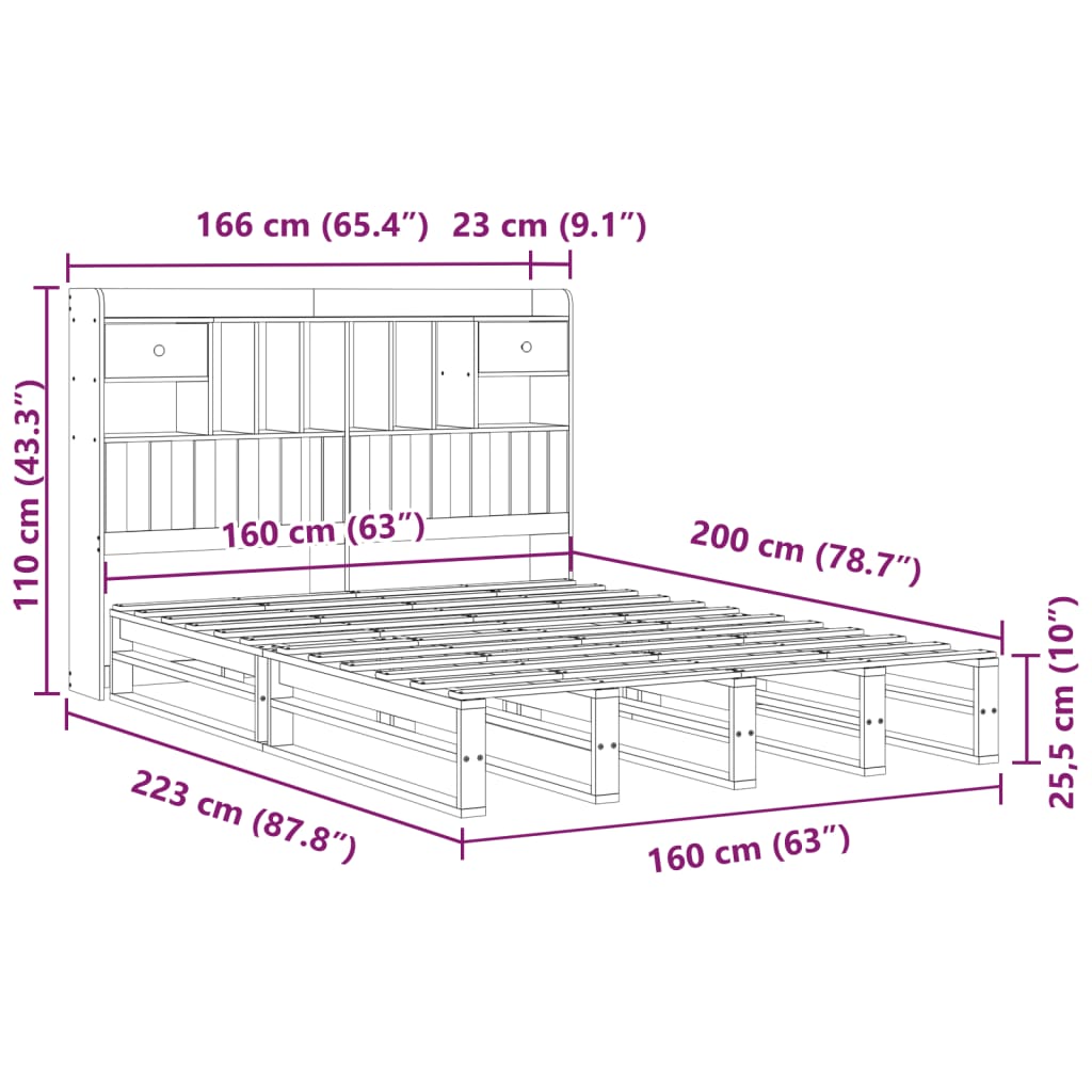 vidaXL Massivholzbett mit Regal ohne Matratze 160x200 cm Kiefernholz