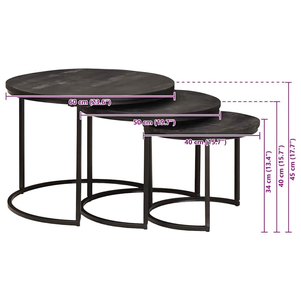 vidaXL Nesting-Couchtische 3 pcs Schwarz Massivholz Mango und Stahl