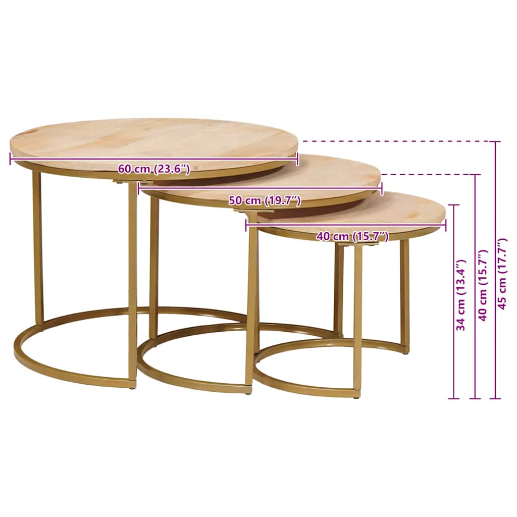 vidaXL Nesting-Couchtische 3 pcs Braun Massivholz Mango und Stahl