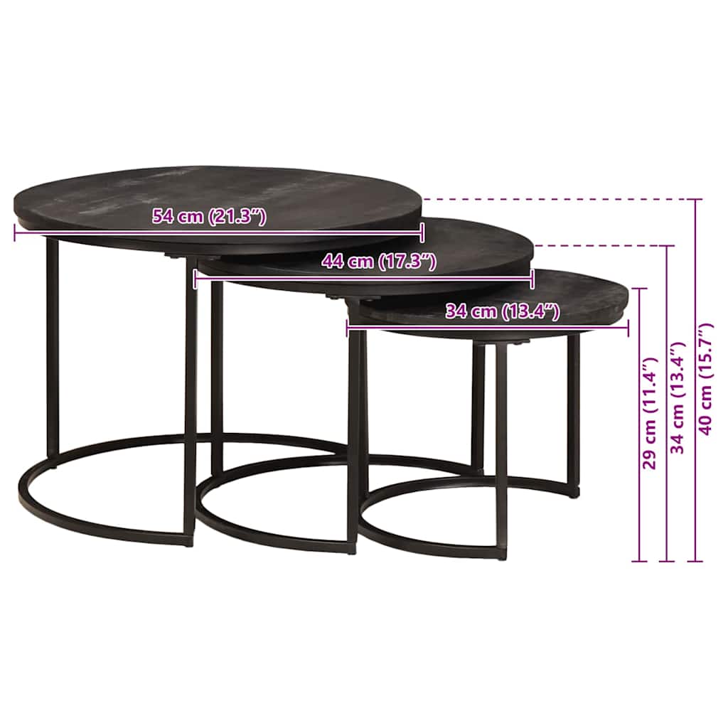 vidaXL Tables basses gigognes 3 pcs Noir Bois de manguier massif et Acier