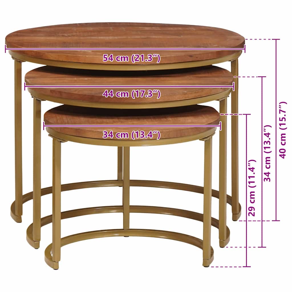 vidaXL Nesting-Couchtische 3 pcs Honigbraun Massivholz Mango und Stahl