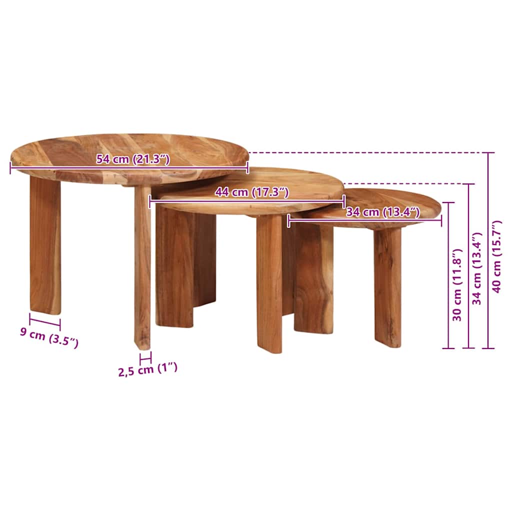 vidaXL Nesting-Couchtische 3 pcs Braun Massivholz Akazie