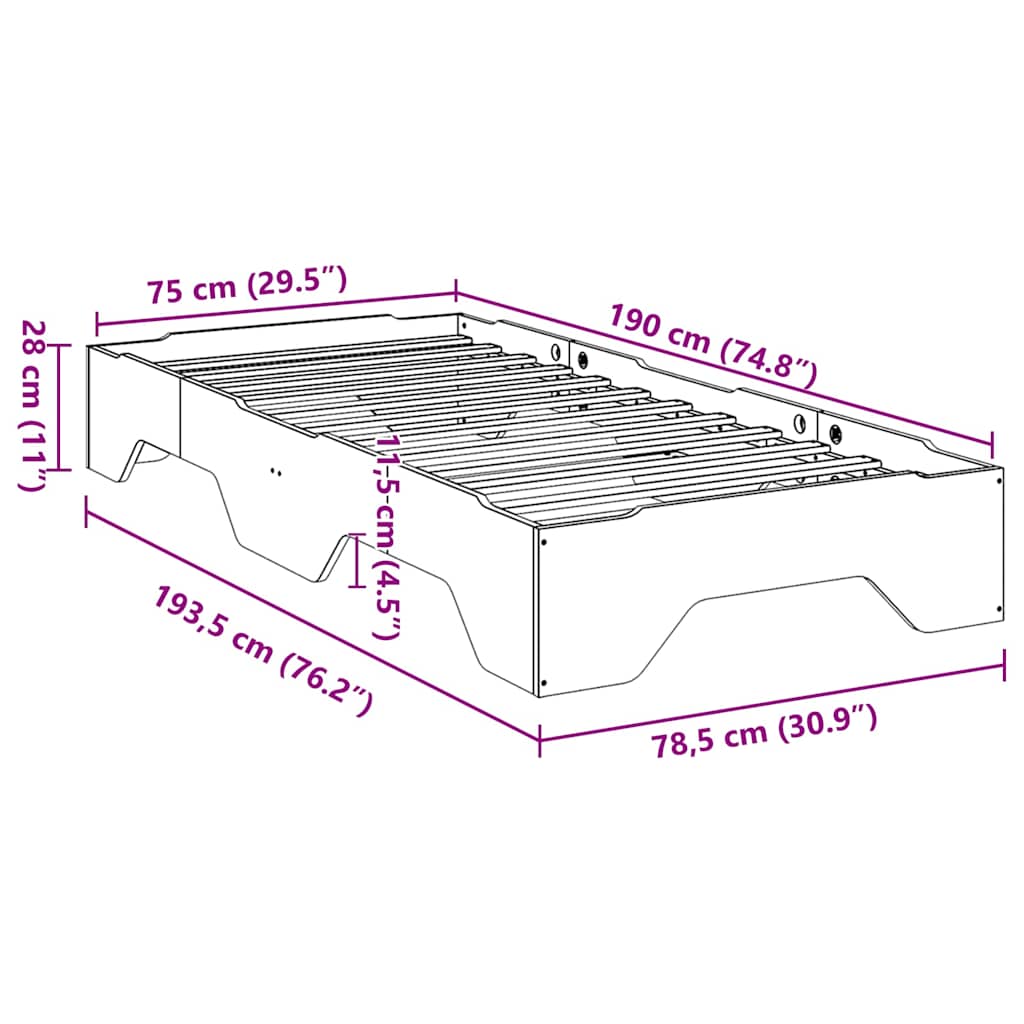 vidaXL Massivholzbett ohne Matratze Stapelbar 75x190 cm