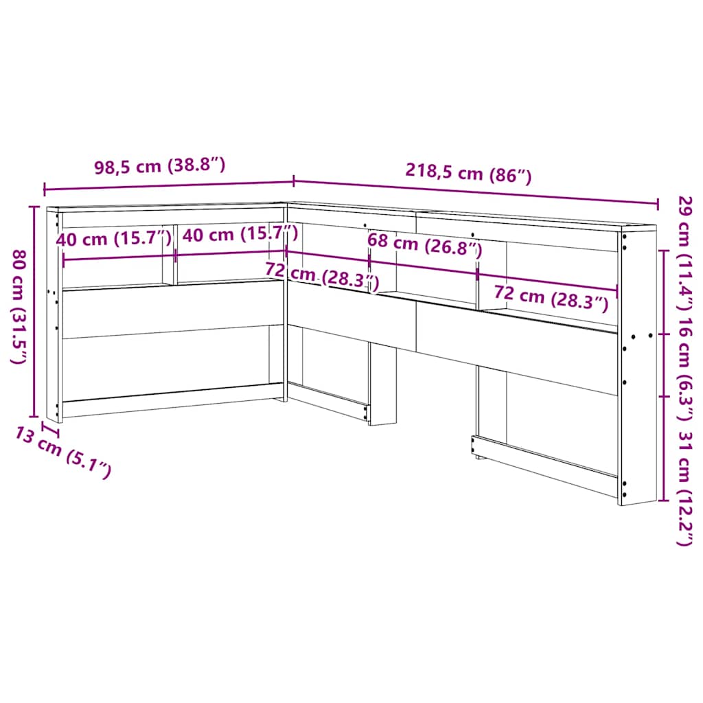 vidaXL Kopfteil mit Bücherregal L-Form Weiß 80 cm Massivholz Kiefer
