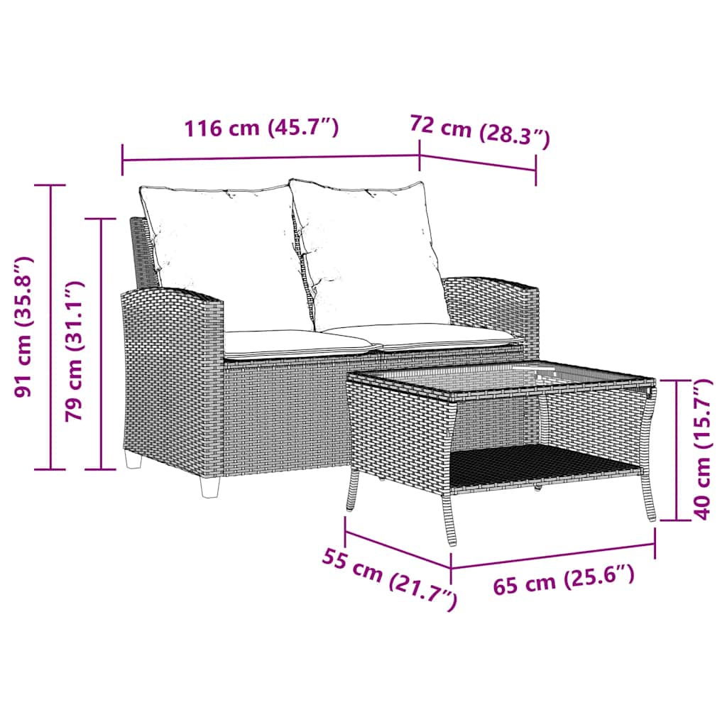 vidaXL Canapé de jardin 2 places avec coussins et table en résine tressée gris clair