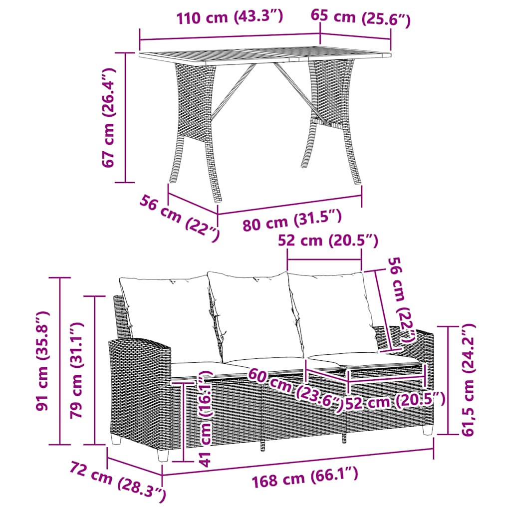 vidaXL Gartensofa 3-Sitzer mit Kissen & Tisch Grau Poly Rattan