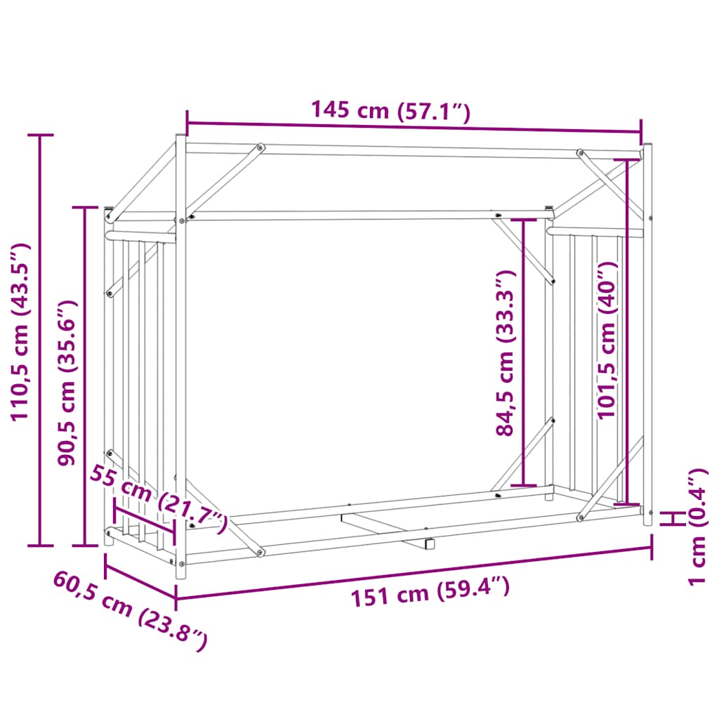 vidaXL Brennholzregal mit Regenschutz 151x60,5x110,5 cm Stahl Verzinkt