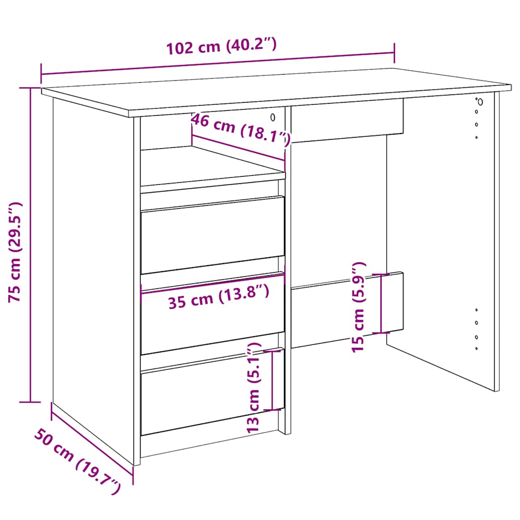 vidaXL Schreibtisch Braun Eichen-Optik 102x50x75 cm Holzwerkstoff