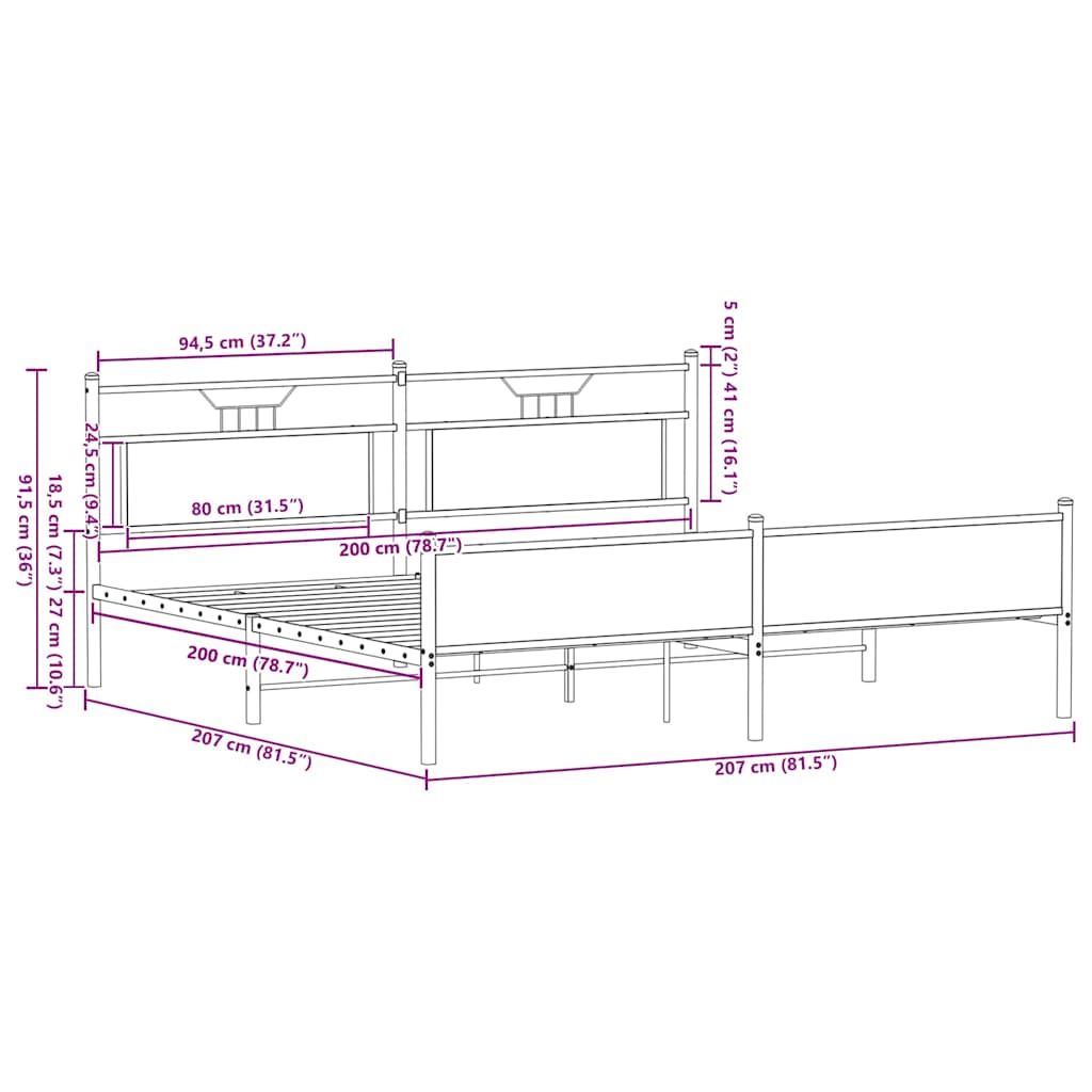vidaXL Lit en métal sans matelas Marron aspect chêne 200x200 cm