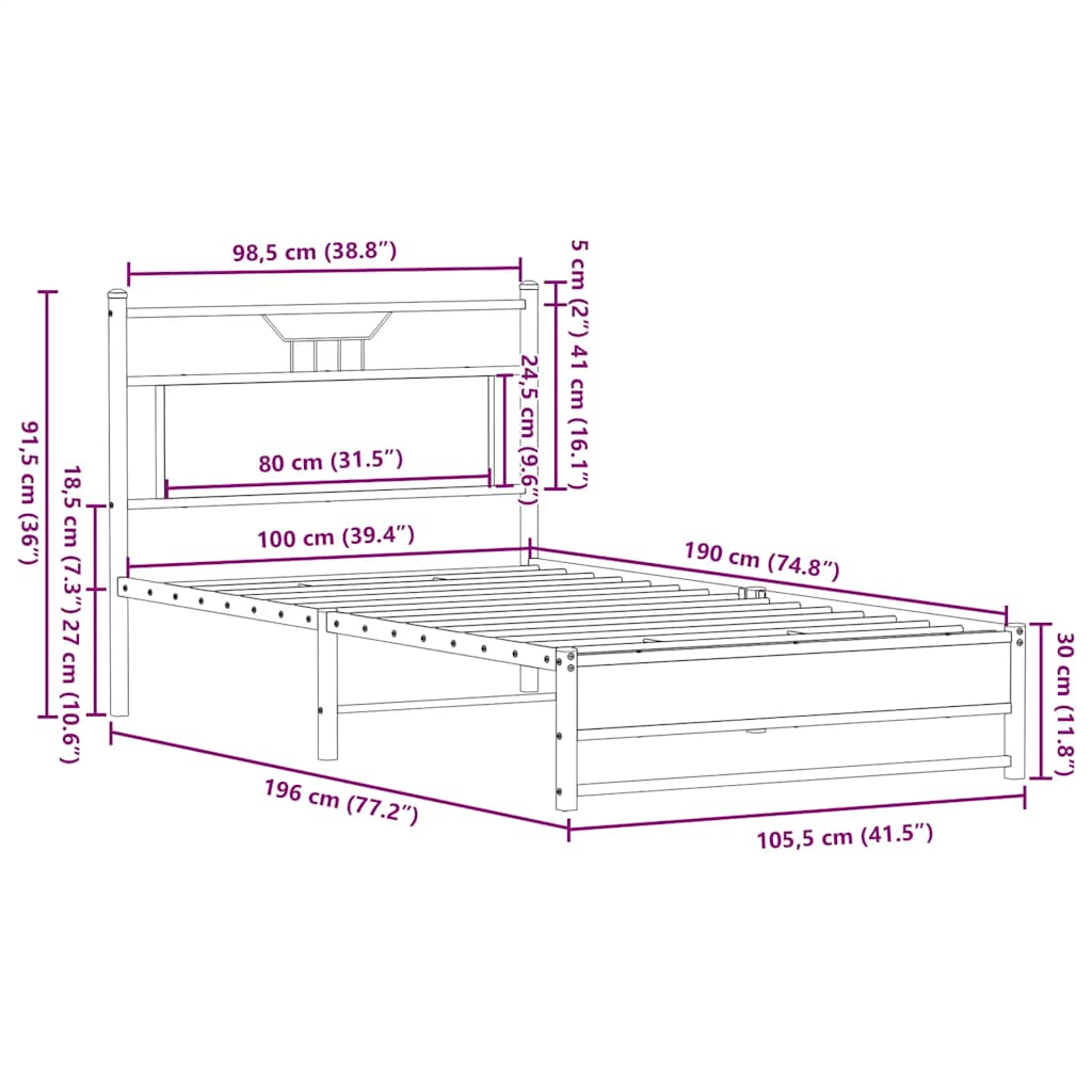 vidaXL Bettgestell ohne Matratze Braun Eiche 100x190 cm Holzwerkstoff