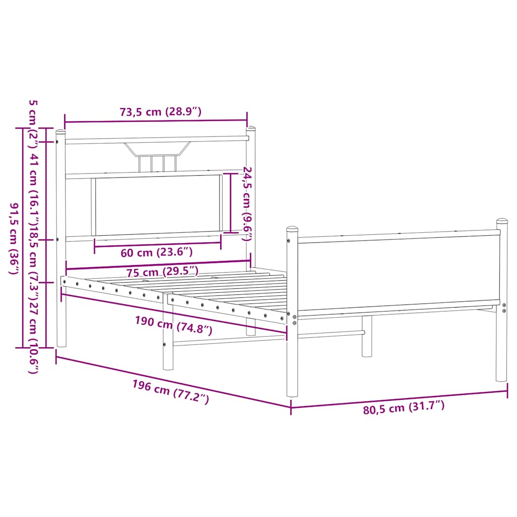 vidaXL Bettgestell ohne Matratze Braun Eiche 75x190 cm Holzwerkstoff