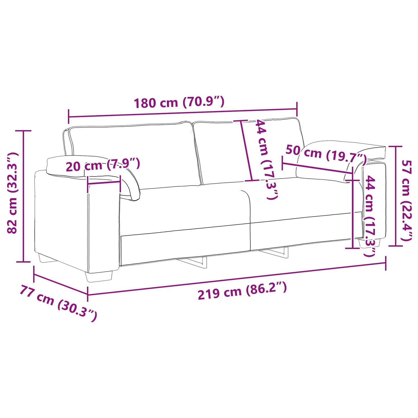 vidaXL Sofa Weinrot 219 x 80 x 82 cm Stoff