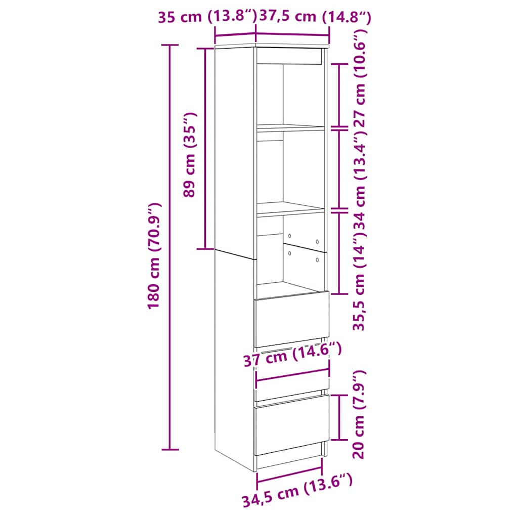 vidaXL Highboard Betongrau 37,5x35x180 cm Holzwerkstoff