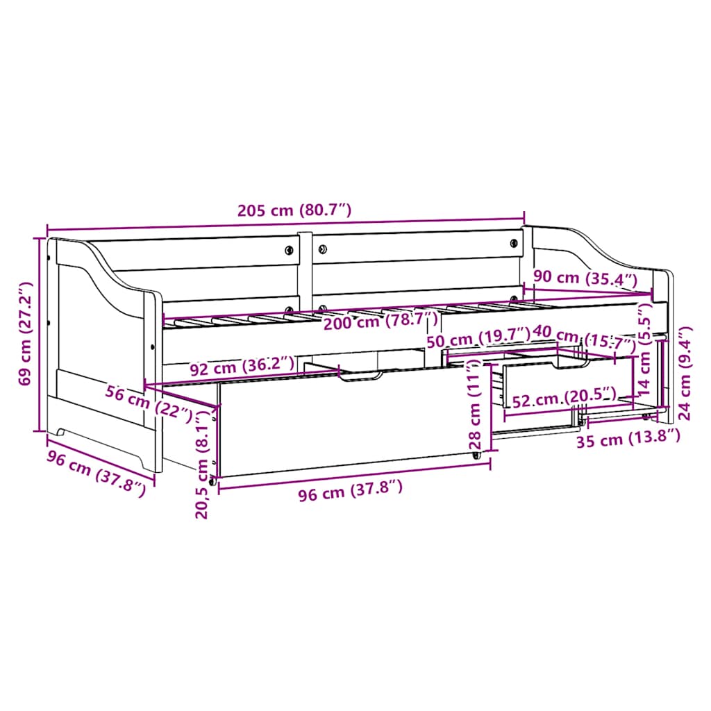 vidaXL Tagesbett mit 3 Schubladen ohne Matratze IRUN Schwarz 90x200cm