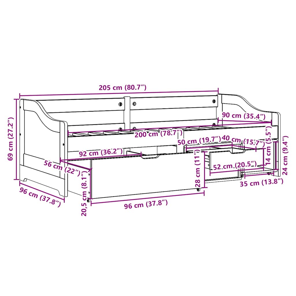 vidaXL Tagesbett mit 3 Schubladen ohne Matratze Weiß Rosa 90x200cm
