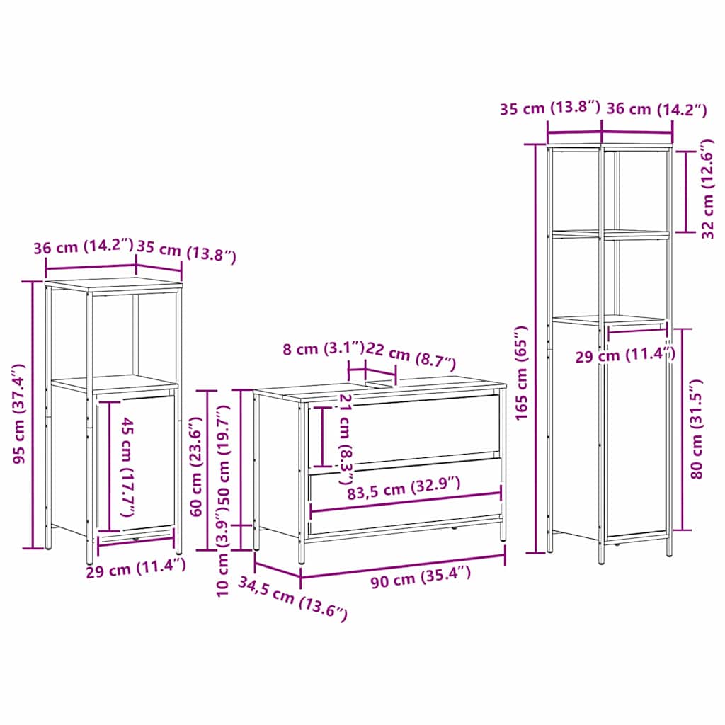 vidaXL Badezimmermöbel-Set mit Regal 3 pcs Sonoma-Eiche Holzwerkstoff