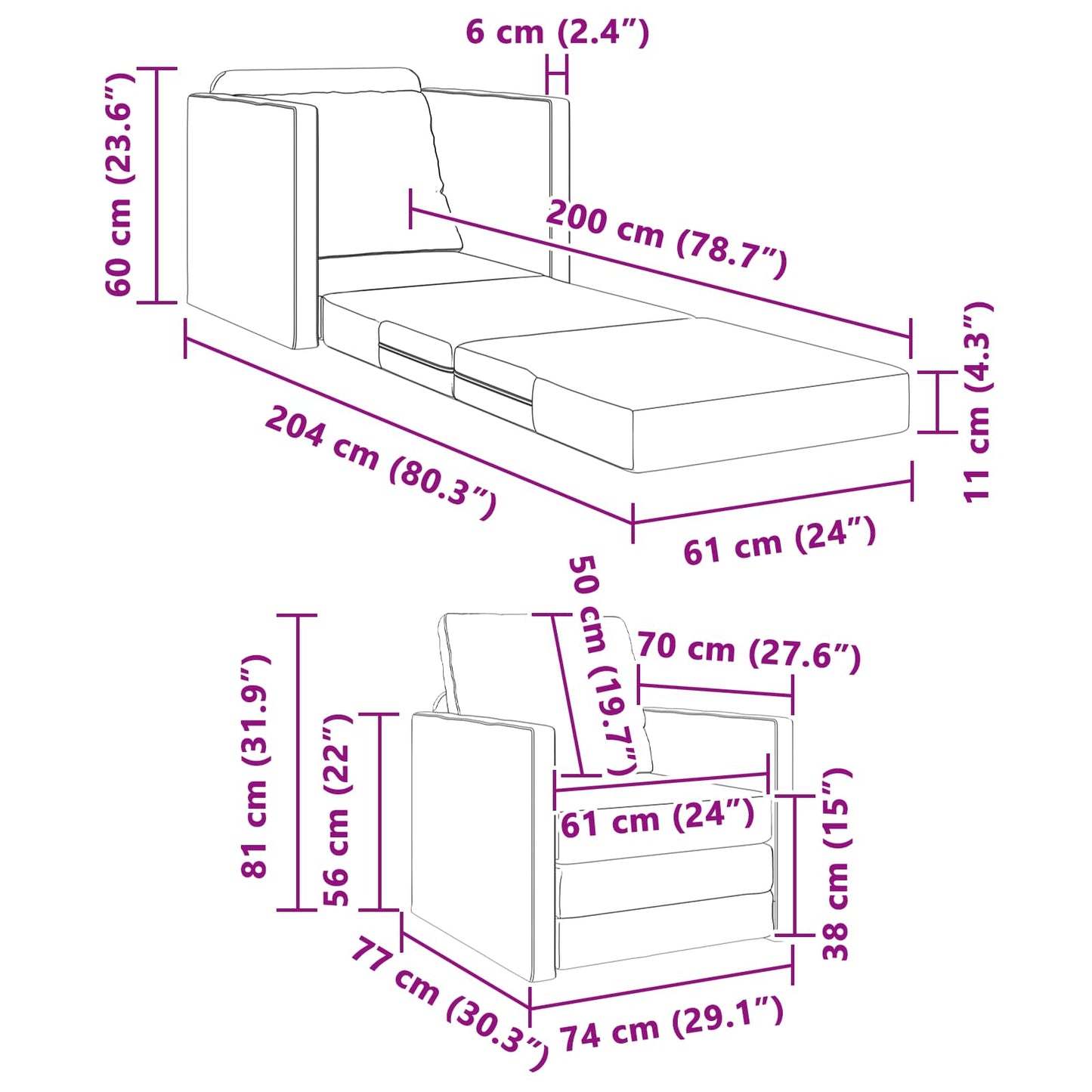 vidaXL Schlafsofa 60cm Creme Stoff