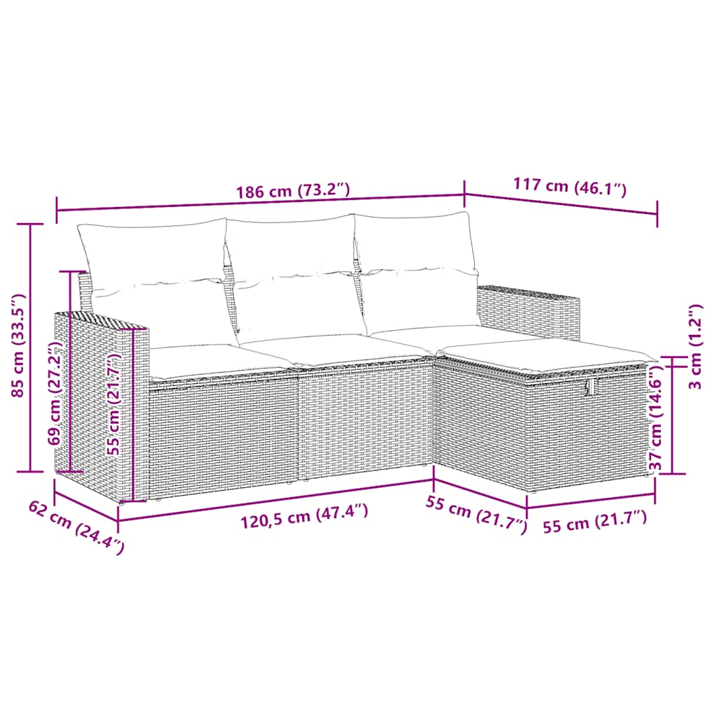 vidaXL 4-tlg. Garten-Sofagarnitur mit Kissen Beige Poly Rattan