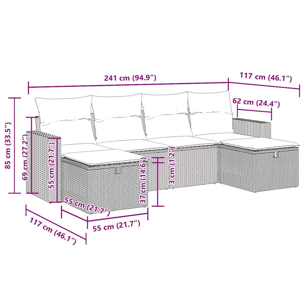 vidaXL 6-tlg. Garten-Sofagarnitur mit Kissen Schwarz Poly Rattan