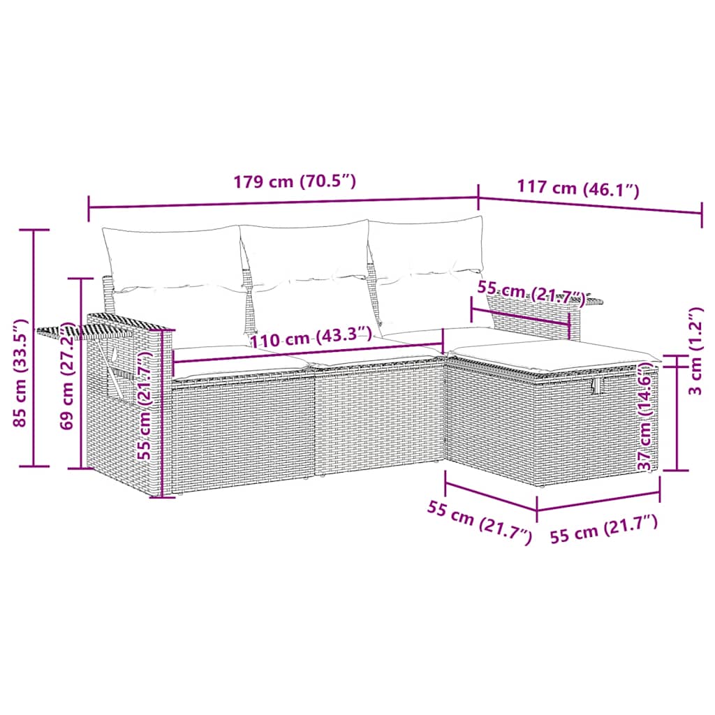 vidaXL 4-tlg. Garten-Sofagarnitur mit Kissen Grau Poly Rattan