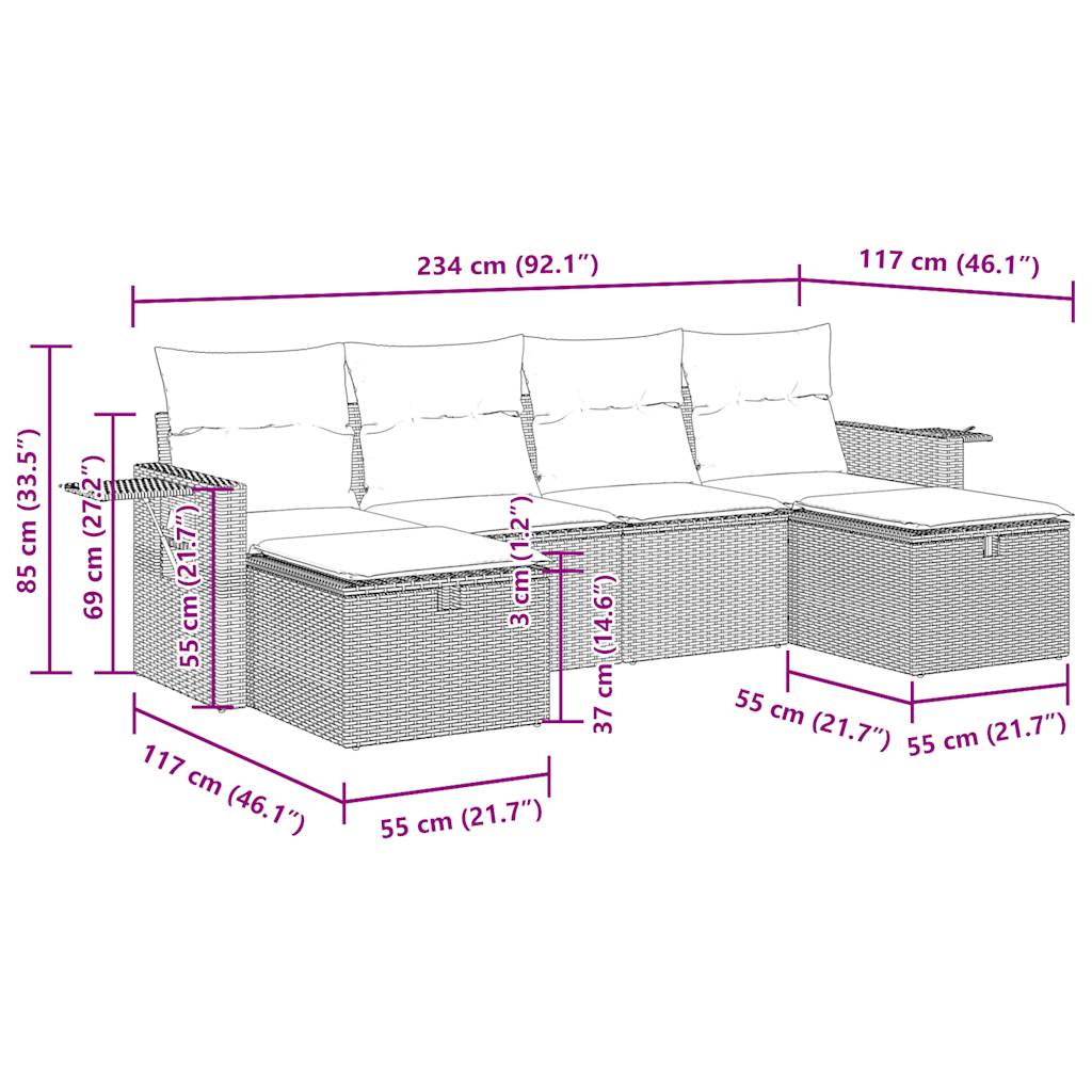 vidaXL 6-tlg. Garten-Sofagarnitur mit Kissen Schwarz Poly Rattan
