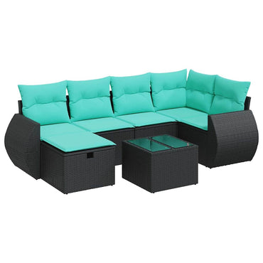 vidaXL 7-tlg. Garten-Sofagarnitur mit Kissen Schwarz Poly Rattan