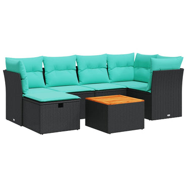 vidaXL 7-tlg. Garten-Sofagarnitur mit Kissen Schwarz Poly Rattan