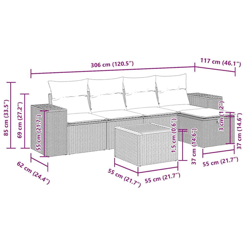 vidaXL 6-tlg. Garten-Sofagarnitur mit Kissen Schwarz Poly Rattan
