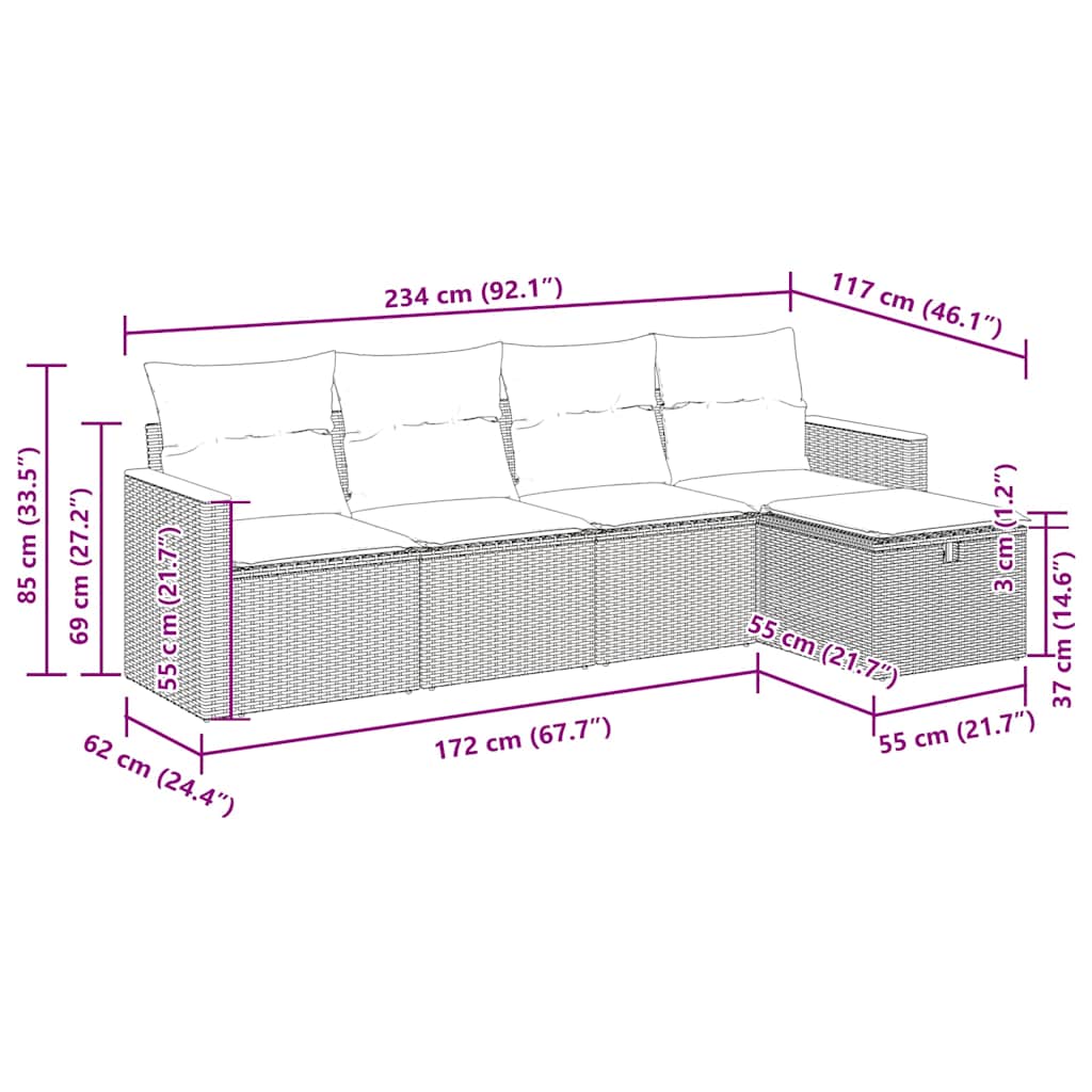 vidaXL 5-tlg. Garten-Sofagarnitur mit Kissen Schwarz Poly Rattan