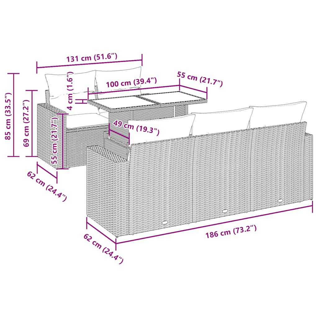 6-tlg. Garten-Sofagarnitur mit Kissen Beige Poly Rattan
