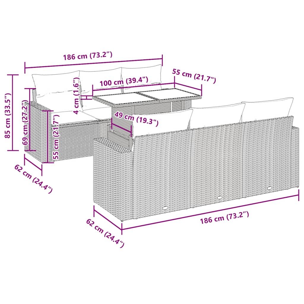 7-tlg. Garten-Sofagarnitur mit Kissen Beige Poly Rattan