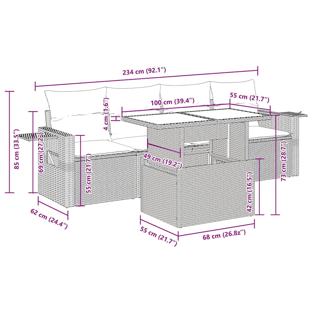 vidaXL 5-tlg. Garten-Sofagarnitur mit Kissen Schwarz Poly Rattan Akazie