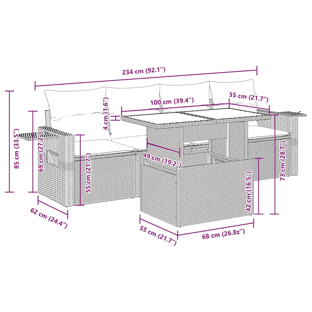 vidaXL 5-tlg. Garten-Sofagarnitur mit Kissen Braun Poly Rattan Akazie