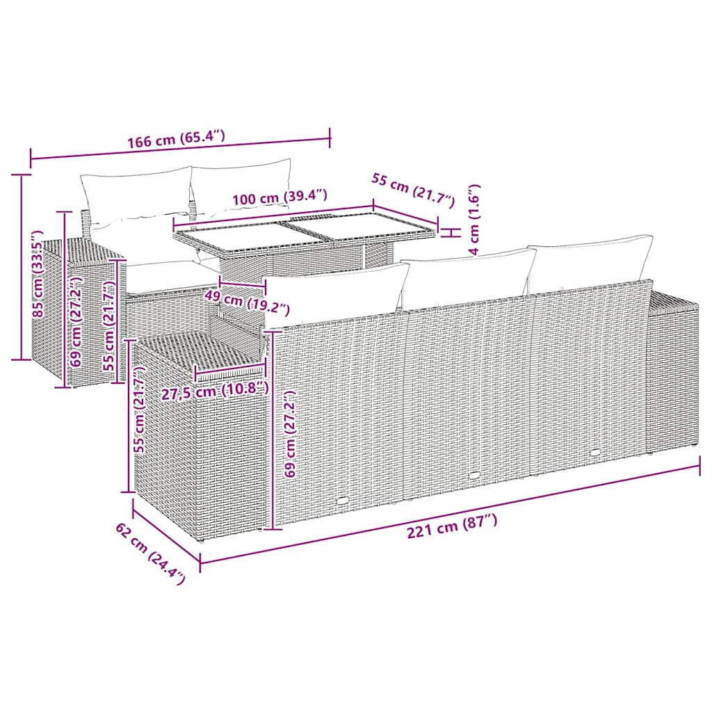 vidaXL 6-tlg. Garten-Sofagarnitur mit Kissen Schwarz Poly Rattan