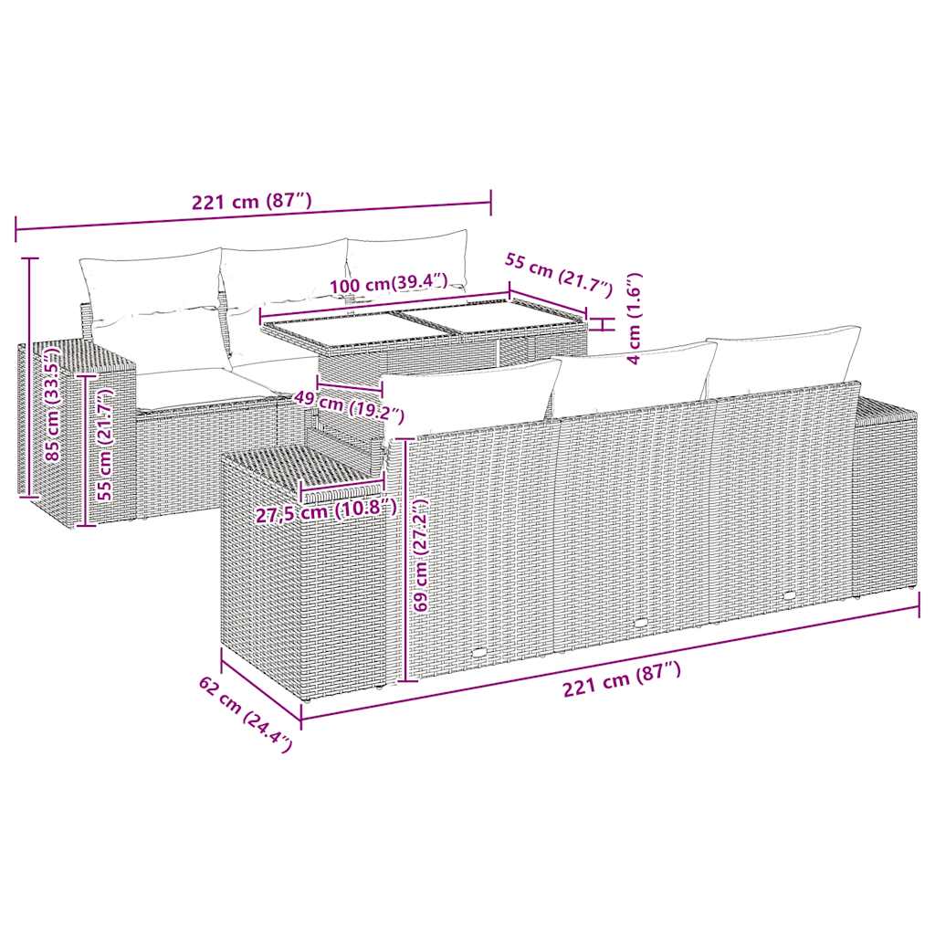 vidaXL 7-tlg. Garten-Sofagarnitur mit Kissen Schwarz Poly Rattan