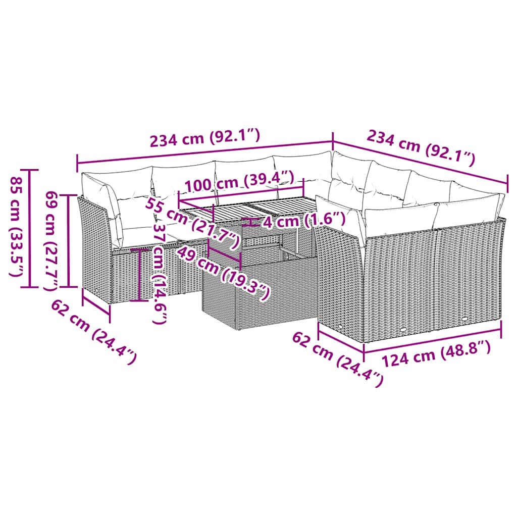 9-tlg. Garten-Sofagarnitur mit Kissen Beige Poly Rattan