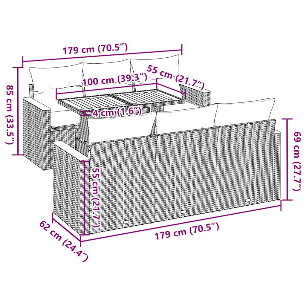 vidaXL 7-tlg. Garten-Sofagarnitur mit Kissen Schwarz Poly Rattan