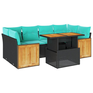 vidaXL 7-tlg. Garten-Sofagarnitur mit Kissen Schwarz Poly Rattan