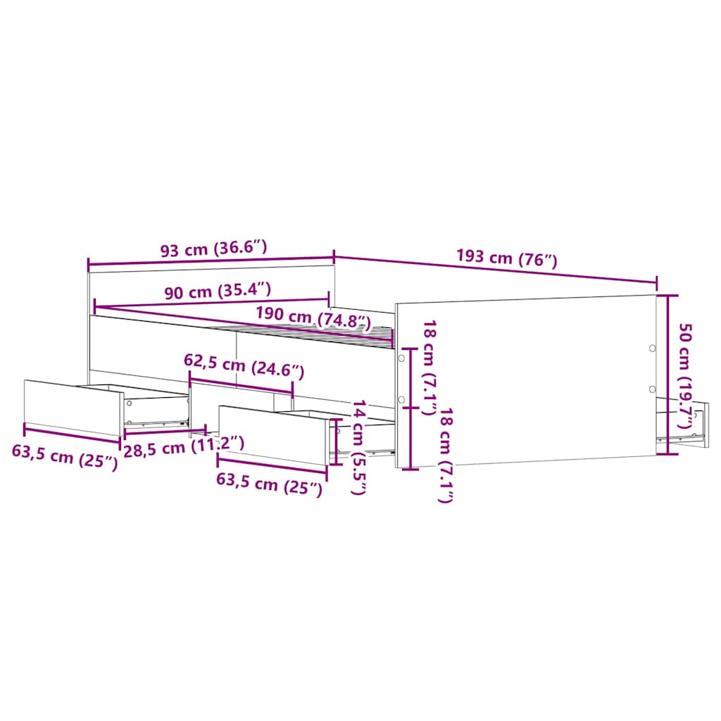 vidaXL Bettgestell ohne Matratze Altholz-Optik 90x190cm Holzwerkstoff
