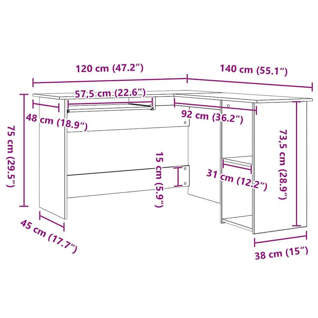 vidaXL Eck-Schreibtisch Schwarz Eichen-Optik 120 x 140 x 75 cm